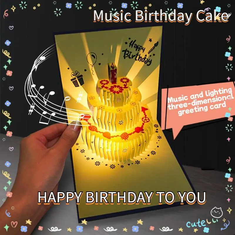 Birthday Greeting Card 3D With Music And Light Creative Gift, Exquisite Gold-Plated Cake Gift Card With Envelope For Best Friend Birthday Card with Music and Light birthday  card  music  light
