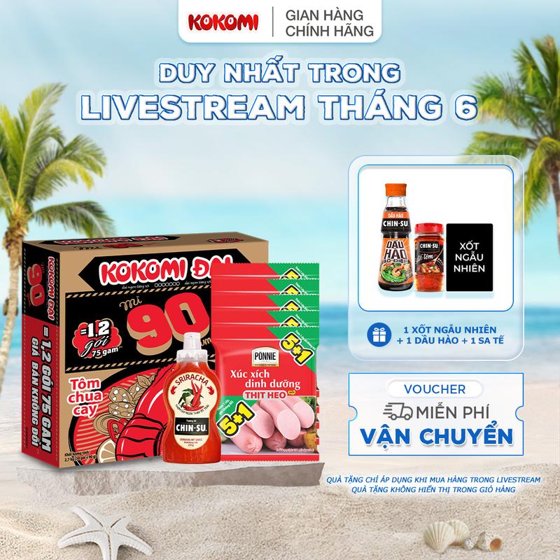 Combo gồm Combo 5 xúc Xích Tiệt Trùng Ponnie Vị Heo Gói 33g + 1 thùng Mì Kokomi Đại 90 Tôm Chua Cay Gói - Thùng 30 Gói x 90g  + tương ớt Sriracha 250g