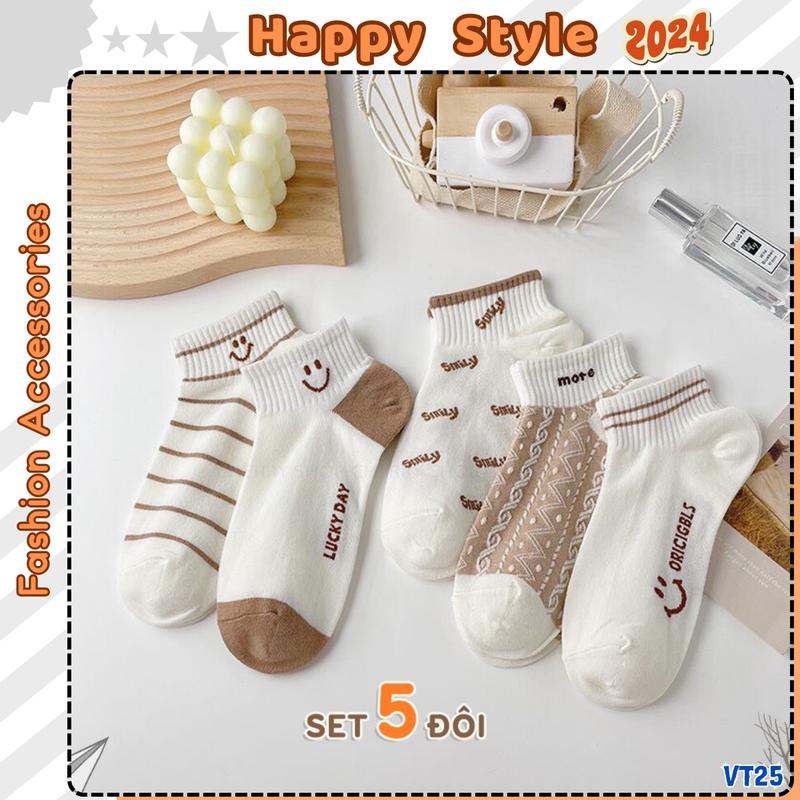 Tất Vớ Cổ Ngắn Sét 5 Đôi Tất Chân Nam Nữ Thêu Chữ Chất Cotton Co Giãn VT25 Nhung Voi