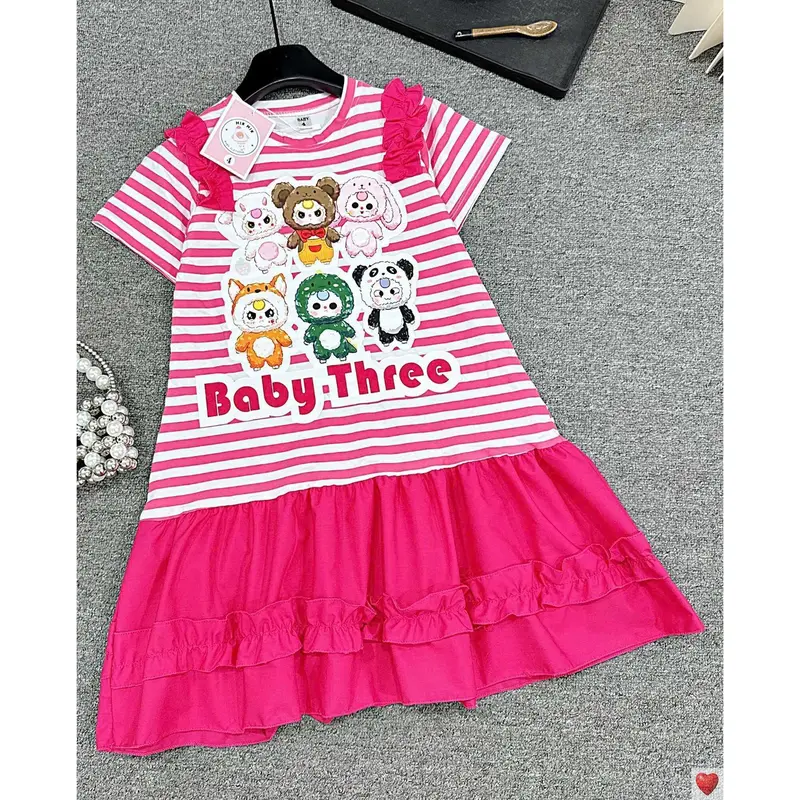 [MinMinKid2] (18-40kg dưới 1m5) Váy thun cotton kẻ sọc in hình BabyThree phối tùng váy đuôi cá NHÚN BÈO cho bé gái 4