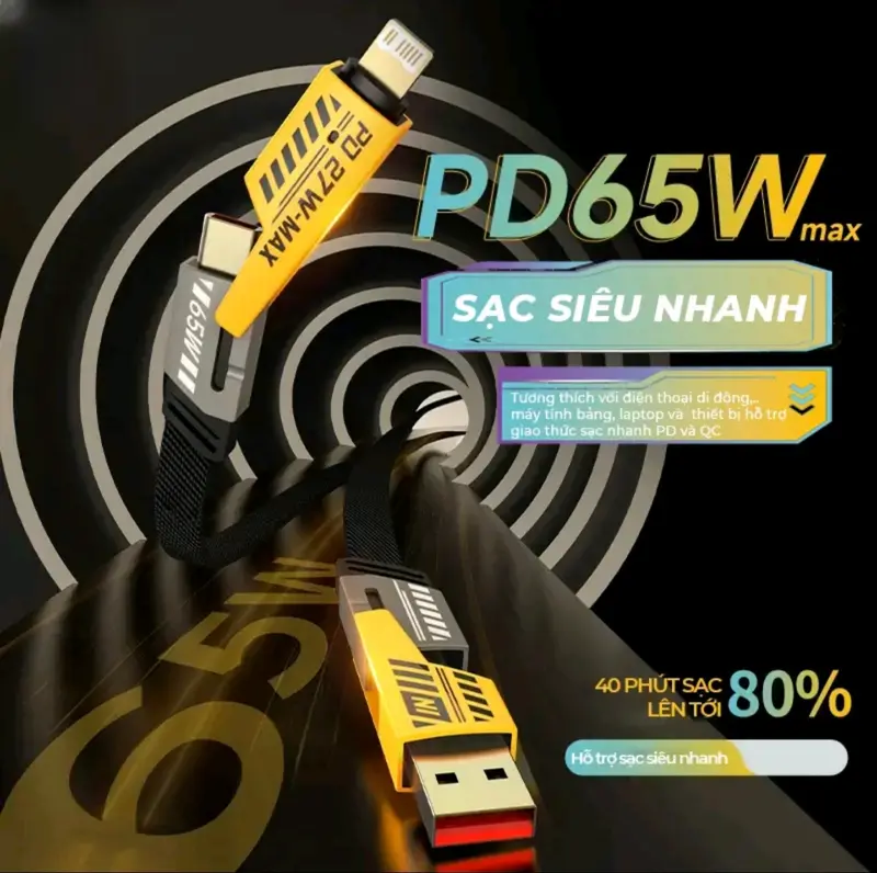 Dây sạc nhanh 4 Đầu Sạc nhanh 65W Cổng C-L, C-C, USB-C, USB-L Đa năng 4 trong 1 , sạc chống gãy chính hãng sạc cho cả IP và android 3