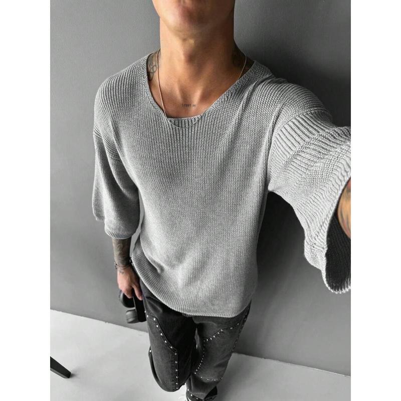 Men's Solid Color Round Neck Loose Fit Knitted Short Sleeve Top Knitwear Menswear Beige Crewneck Plain Tropical Knife Grey 2
