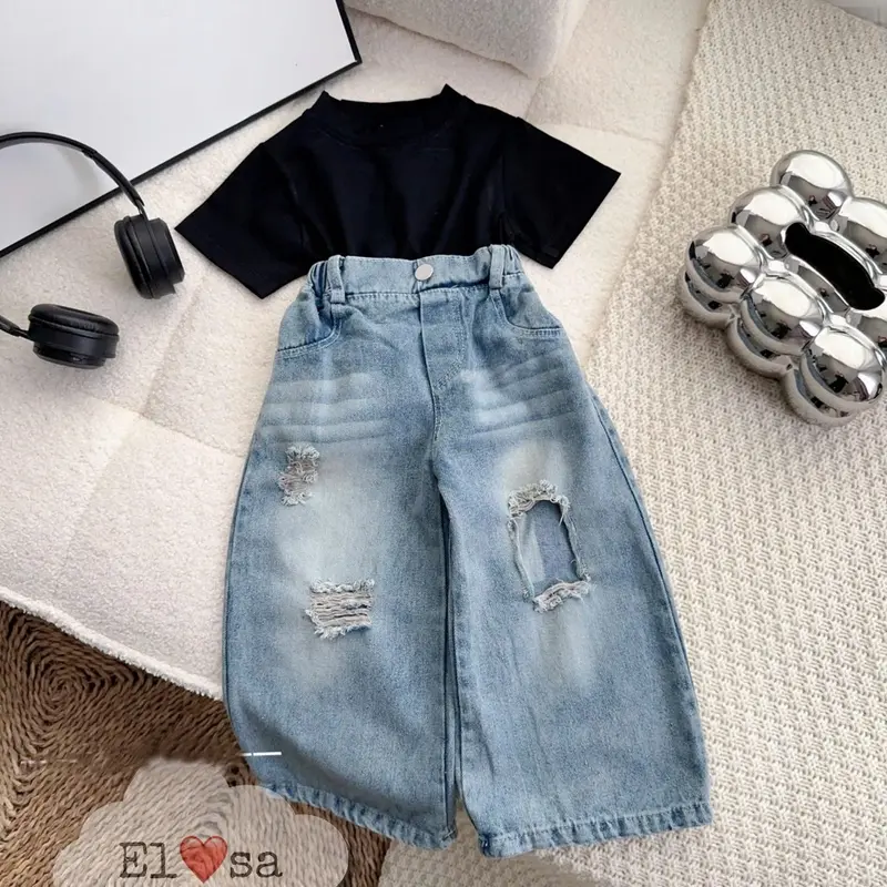 Quần áo bé gái - SET ÁO CỘC TAY MIX QUẦN BÒ CÁ TÍNH Cho Bé 1-8 Tuổi 1