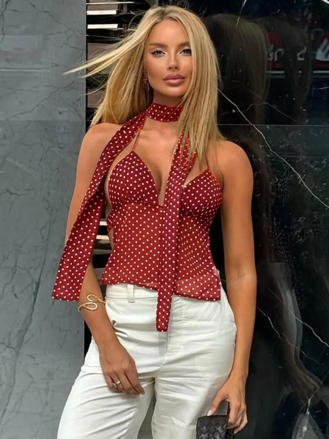 Women's Polka Dot Print Cami Top with Scarf, Fashion Casual Top for Daily Outdoor Wear, Ladies Clothes for All Seasons