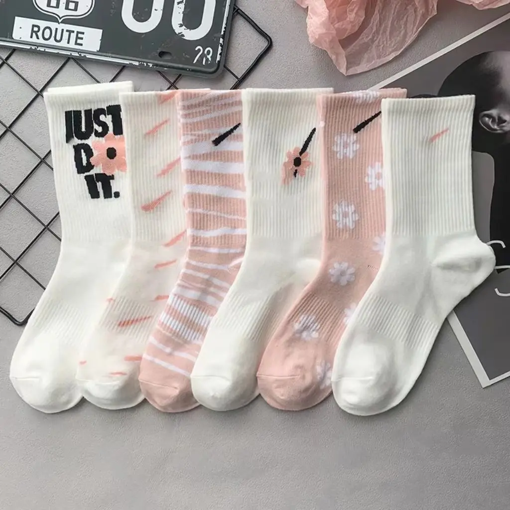 High Collar Athletic Socks, Cotton, Sweet Cherry Blossom Pattern