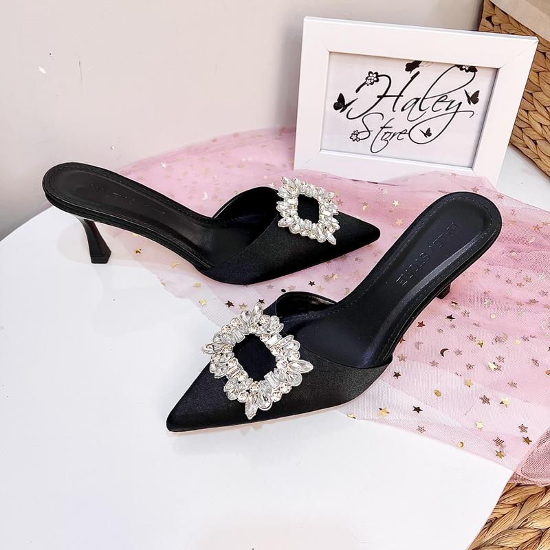 Guốc sục lụa cao gót 7p HALEY STORE mũi nhọn đính đá xoàn lấp lánh tiểu thư đi tiệc đi chơi đi học đi làm 8