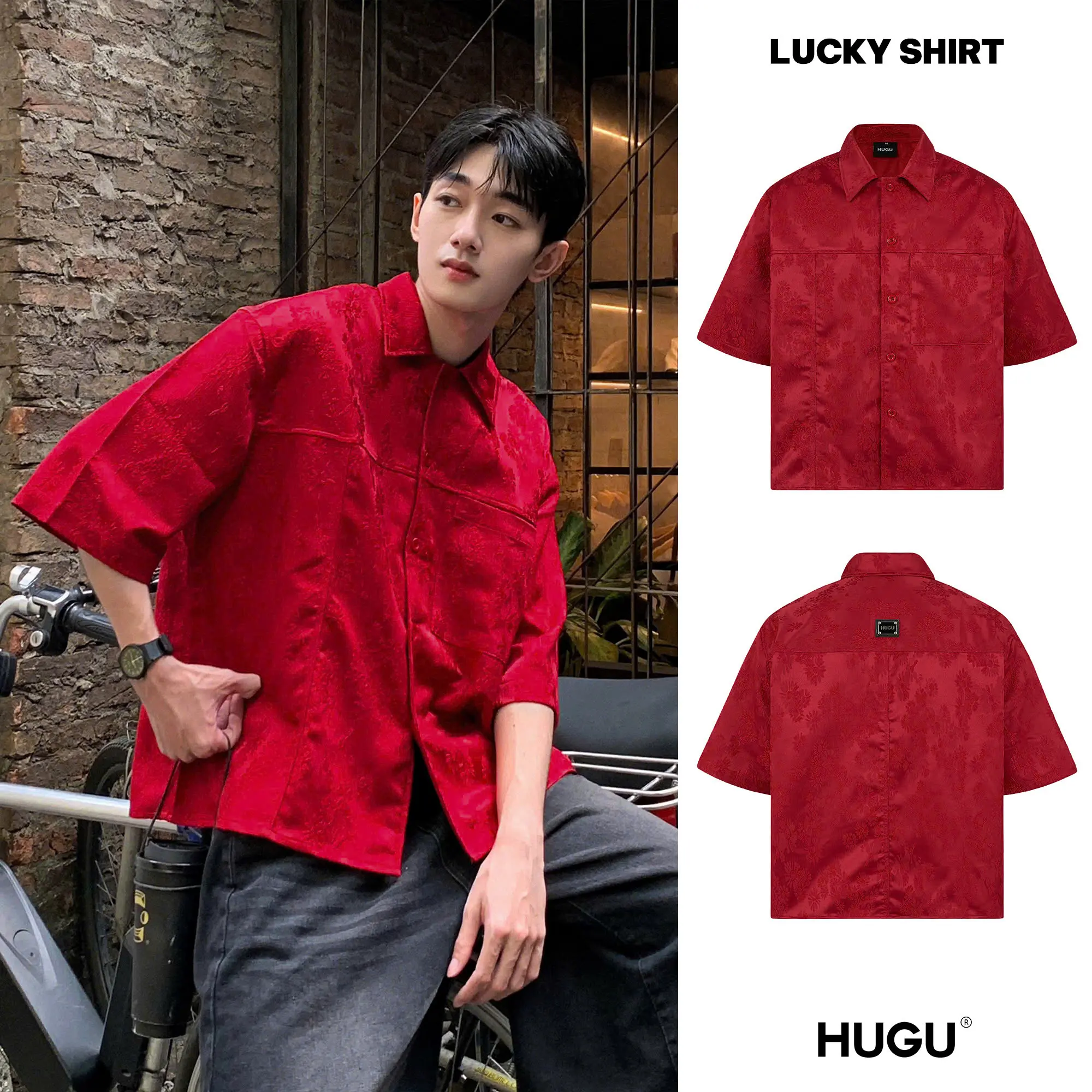 Áo sơ mi dáng boxy local brand HUGU - LUCKY SHIRT - chất liệu vải gấm, đính tag kim loại, túi hộp Nam Menswear