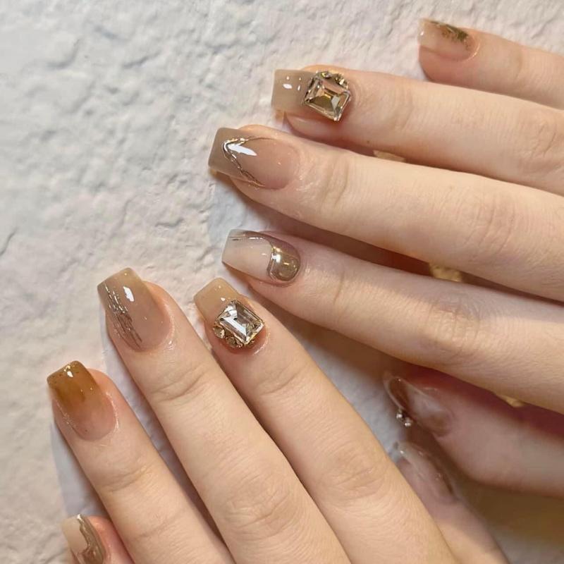 Nailbox thiết kế làm thủ công màu thạch nâu nude phom móng vuông ngắn   kèm phụ kiện keo  