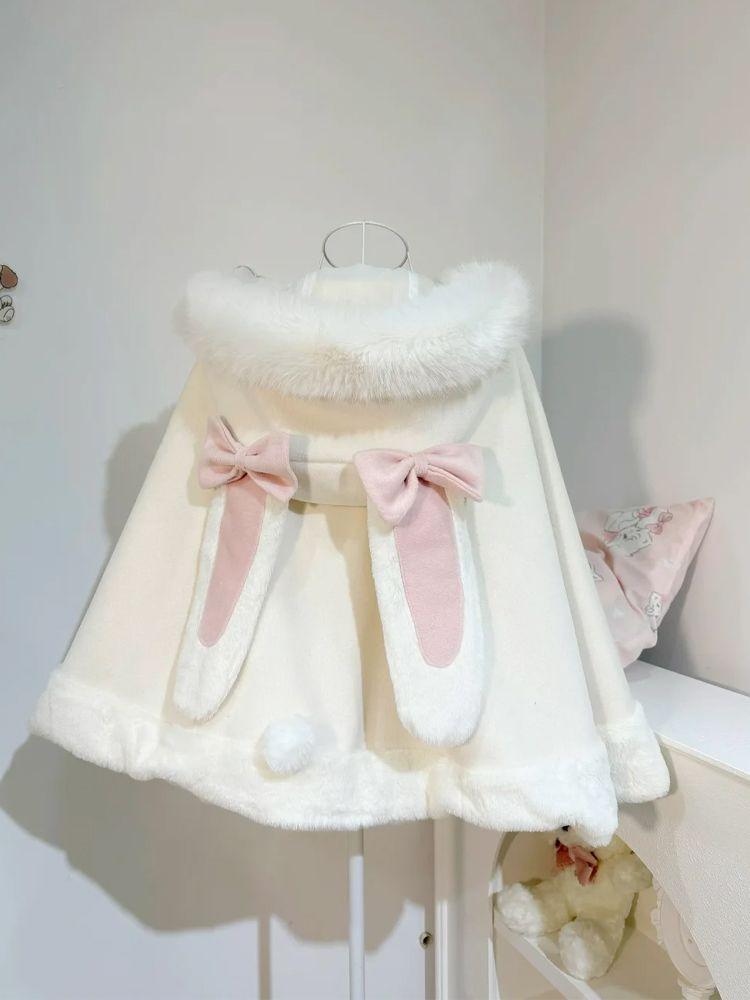Product Introduction of 2024 Autumn and Winter New Sweet Cute Rabbit Ears Woolen Cloak Loose Youthful-Looking Bow Hooded Chic Coat 7