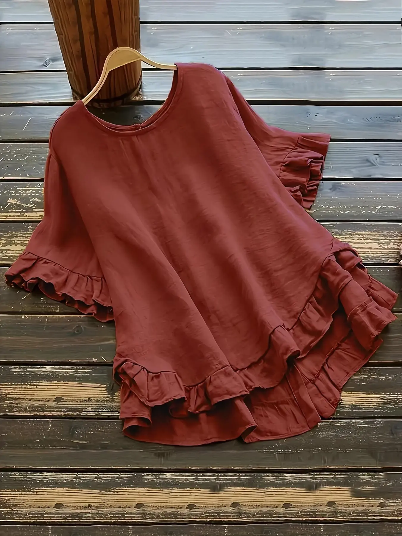 Plus Size Plain Ruffle High Low Hem Blouse, Casual Round Neck Half Sleeve Top for Summer, Women's Plus Size Clothing for Daily Wear