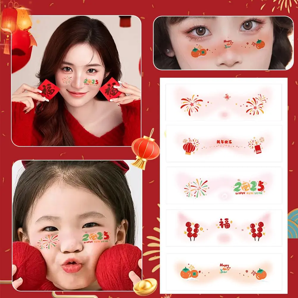 SOUG 2025 Chinese New Year Makeup Face Stickers For Girls Temporary Facial Tanghulu Fireworks Sticks Persimmon Facial Sticker