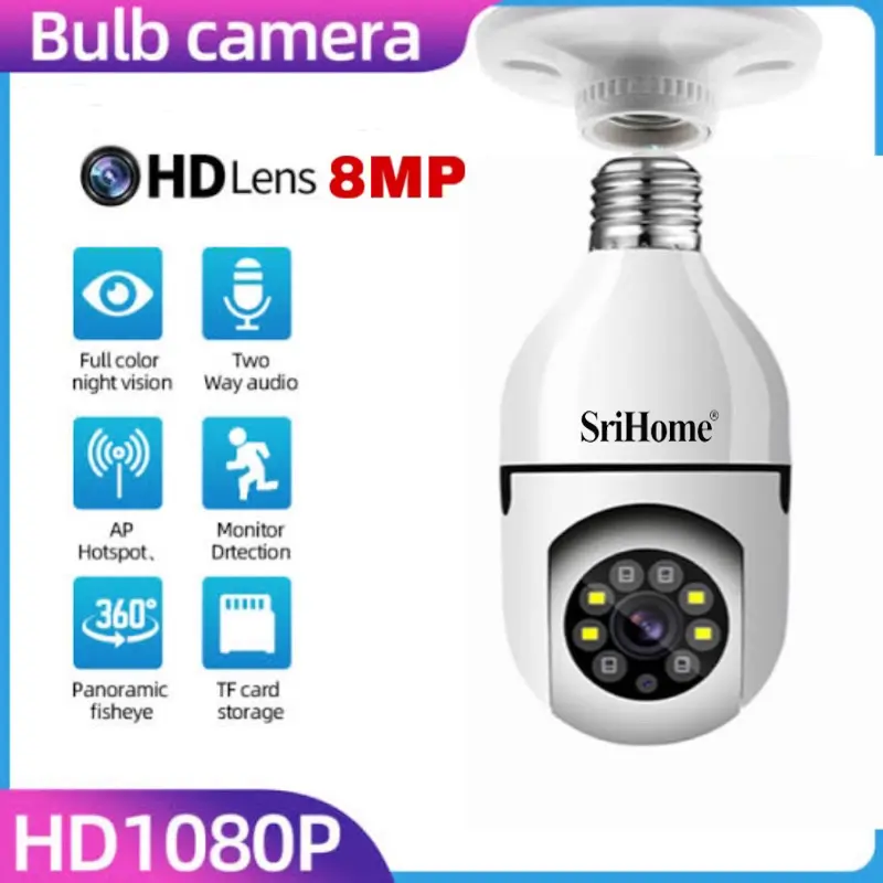 Kamera CCTV Pro, SriHome, Resolusi 1080P, Kesambungan Rangkaian Tanpa Wayar, Keselamatan Rumah, Audio Dua Hala, Penglihatan Malam, Mentol Lampu