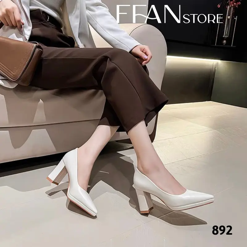 Giày cao gót mũi nhọn đúp đế vuông 8 phân 892 FFANSTORE, bít mũi da mềm mại big size màu đen be trắng đen da lộn 4