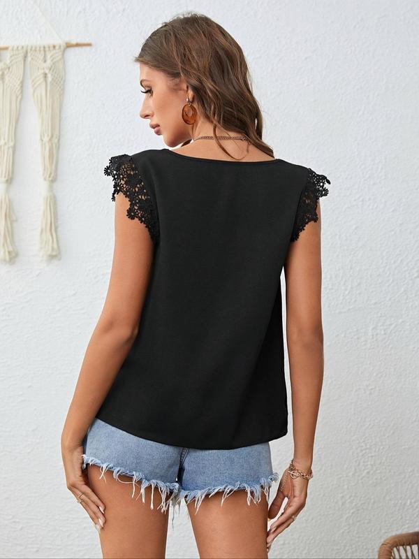 Women's Lace Trim  V Neck Blouse, Casual Cap Sleeve Top for Spring & Fall, Women's Clothing for Daily Wear 1