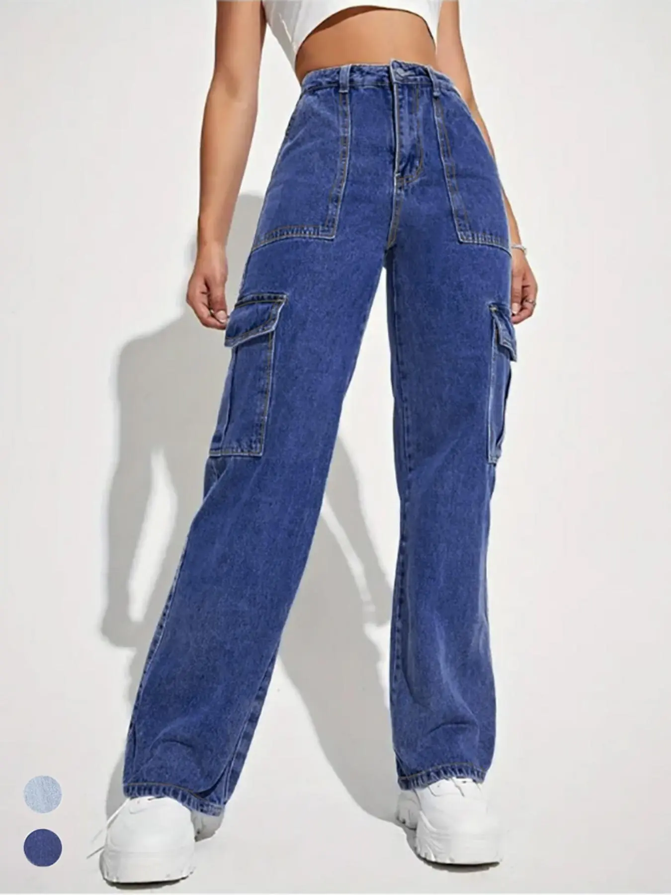 Women's Plain Flap Pocket Button Zipper Fly Cargo Jeans, Street Fashion Casual Loose Trousers for Daily Outdoor Wear, Ladies Bottoms for All Seasons