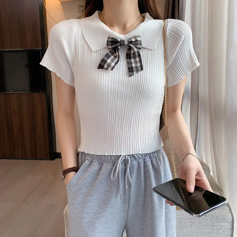 Atasan Crop Korean Style Lengan Pendek Wanita Rajut Premium (A.pita)/ Atasan lengan motif pita Baju Top 3