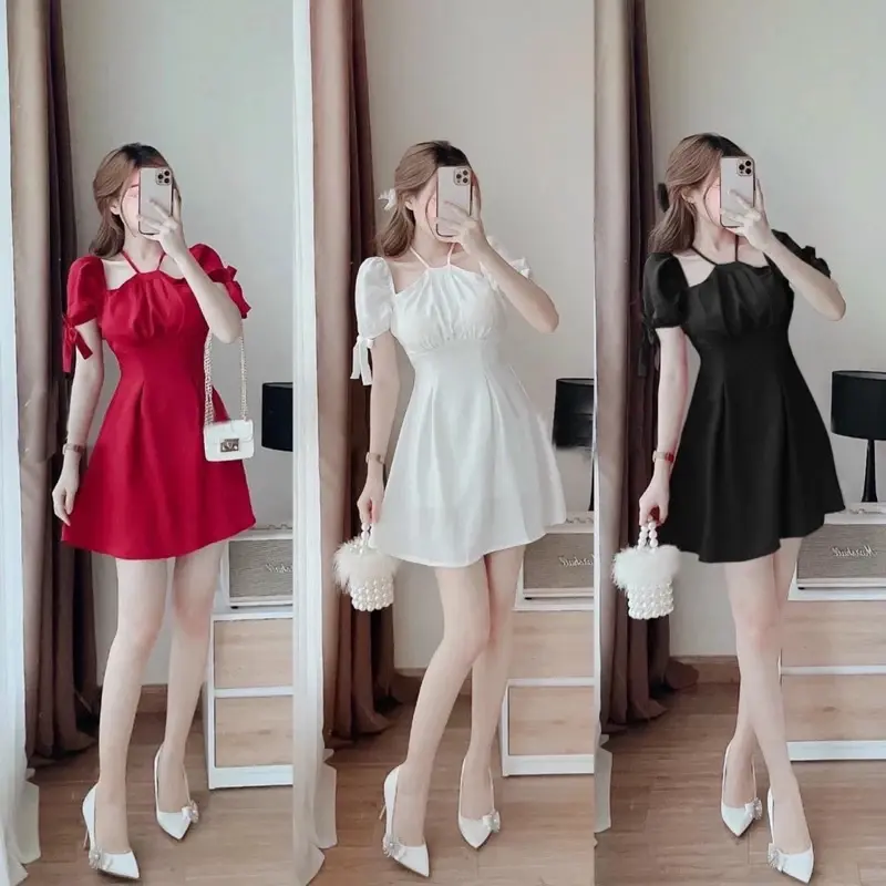Đầm nữ ôm body tay buộc nơ trễ vai có mút ngực dáng xinh Thời Trang B.Y Tea Clothing Kem Women 6