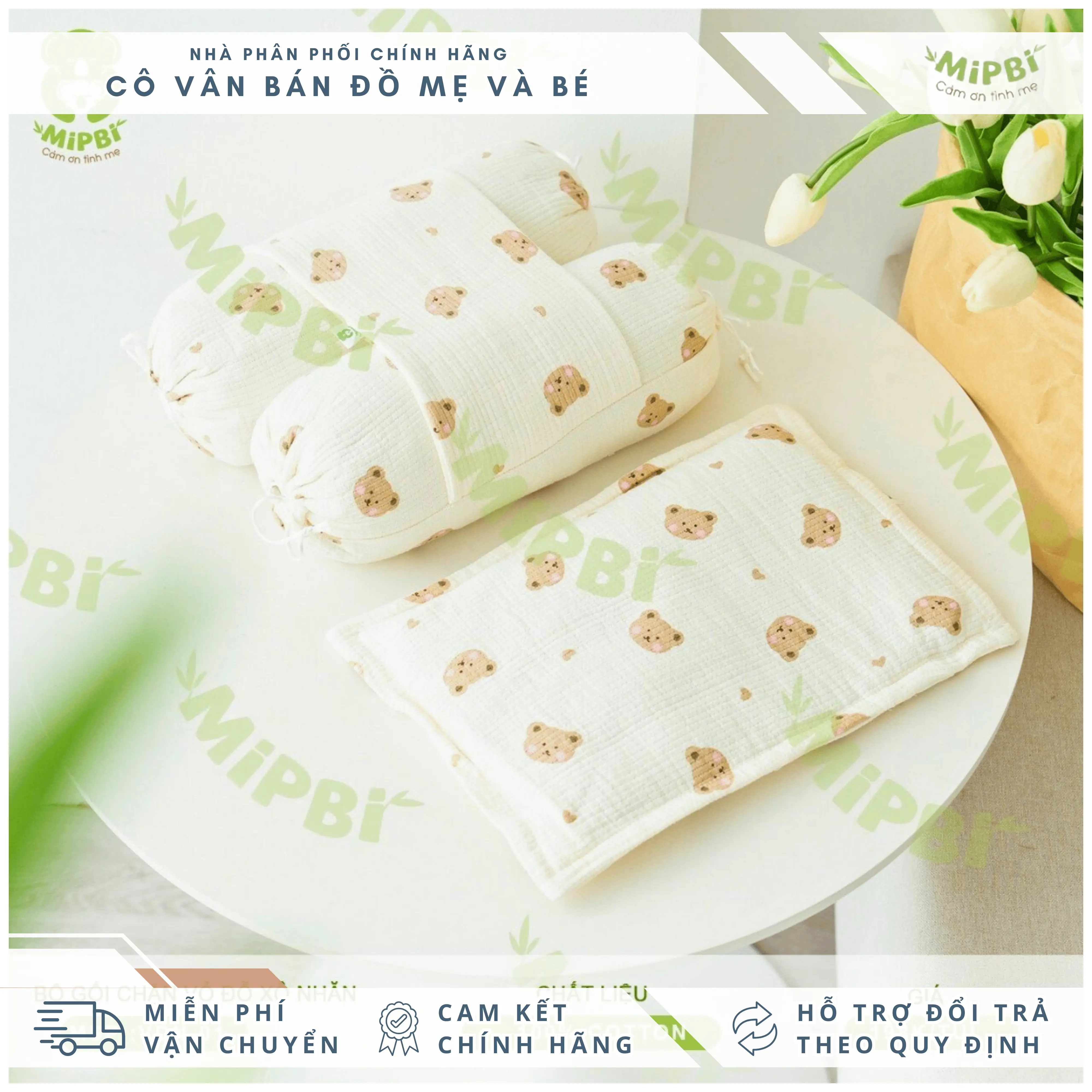 Bộ gối chặn vỏ đỗ cho bé Mipbi làm từ vải muslin trần 3 lớp và vỏ hạt đỗ giúp bé đỡ giật mình khi ngủ