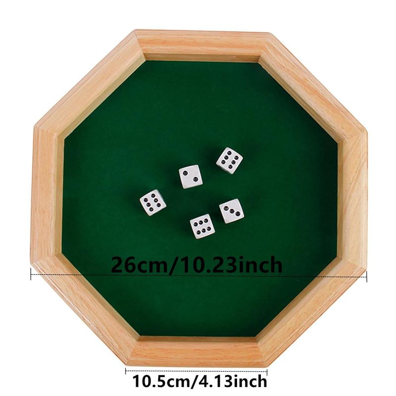 Product Introduction of Wooden Octagonal Dice Tray, 1 Count Dice Tray with 5 Dice, Fun Family Toy, Party Board Game, Adult Bar Dice Game 1