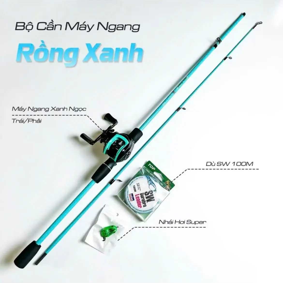 Combo Cần Câu Lure Rồng Xanh Kèm Máy Ngang và Phụ Kiện - Bắt Cá - Fishing