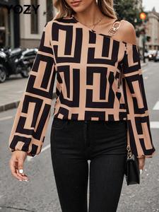 YOZY Women's Geometric Print Cut Out Chain Lineked Blouse, Casual Asymmetrical Neck Bishop Sleeve Top for Daily Wear, Ladies Clothes for All Seasons