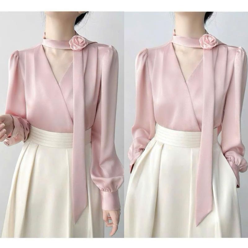 Áo Sơ Mi Lụa Nữ Thiết Kế EMME A408 Nhún Xếp Ly Vai Cổ V Mix Dây Liền Tay Dài Công Sở Cách Điệu [ Kèm Tag Hoa ] - Thanh Tự