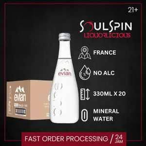 Evian Glass Natural Mineral Water 330ml [ Dus isi 20 Botol Kaca ] JNE Cargo - Termasuk Packing Kayu