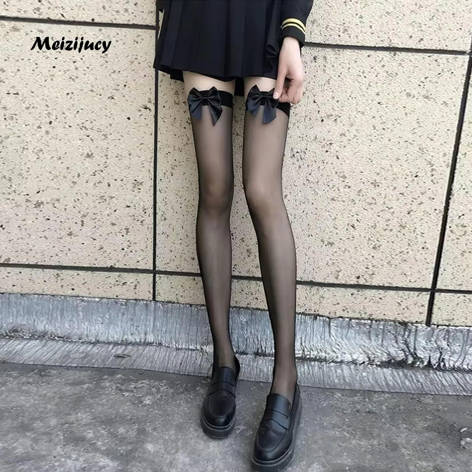 Women Sheer Thigh High Socks Cute Bows Mesh Stockings over Knee Socks for Streetwear Clothing Accessories