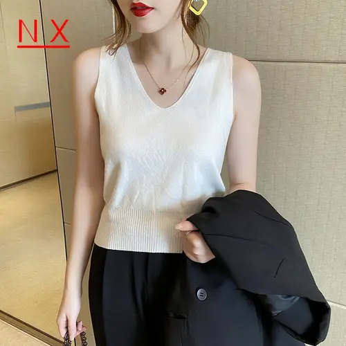 Áo Vest Mỏng Cổ Chữ V, Lụa Băng, Sling, Áo Len, Mùa Hè áo ba lỗ nữ