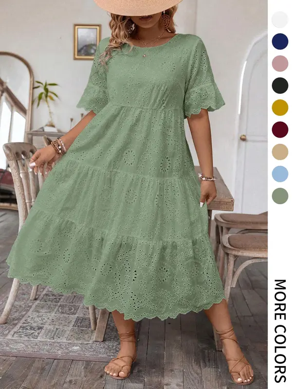 【Plus Size】 Plain Eyelet Embroidery Dress, Casual Bohemian Fashion Round Neck Dress for Daily Holiday Vacation Wear, Women Plus Clothing for Summer, Womenswear, Plus Size Dresses, Plus Size Tummy Flattering Dresses, Floral Lace Dress 2