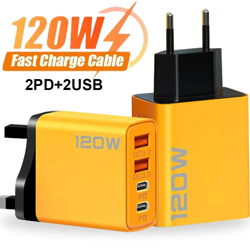 Bộ sạc USB C, 4 cổng, 120W, Sạc nhanh 3.0, Bộ sạc điện thoại USB A Loại C, Tương thích với iPhone 15, 14, 13, Samsung, Xiaomi