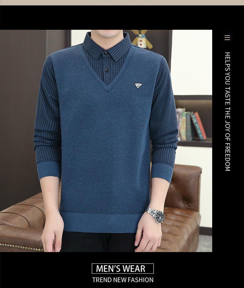 Product Introduction of 2024 Winter Fleece-lined Thickened Integral Velvet Sweater Men's False Two Pieces Knitted Sweater Youth Pu Handsome Men's Shirt Nam Slipper 23