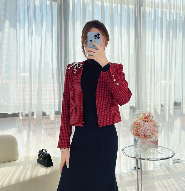 Áo Blazer Nữ CCHAT Dáng Suông Ngắn Trang Trí Nơ Vai Chất Dạ Tweed 24EHZ5002ST