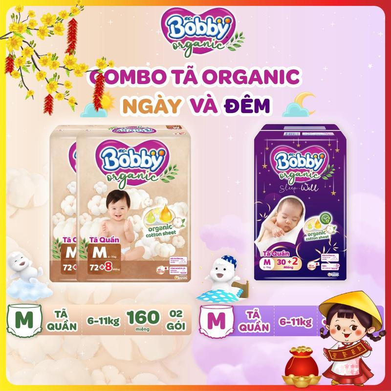 MỚI RA MẮT COMBO 2NGÀY-1ĐÊM Tã Bỉm quần Bobby Organic Ngày và Đêm chăm sóc dịu nhẹ khô thoáng từ thiên nhiên size M L XL XXL XXXL cho bé từ 6kg - 35kg