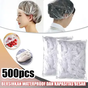Transparan Disposable Penutup Rambut 500 Buah/ Shower Cap Plastik / Nurse Cap Transparan/Plastik Pelindung Makanan Set Waterproof Topi