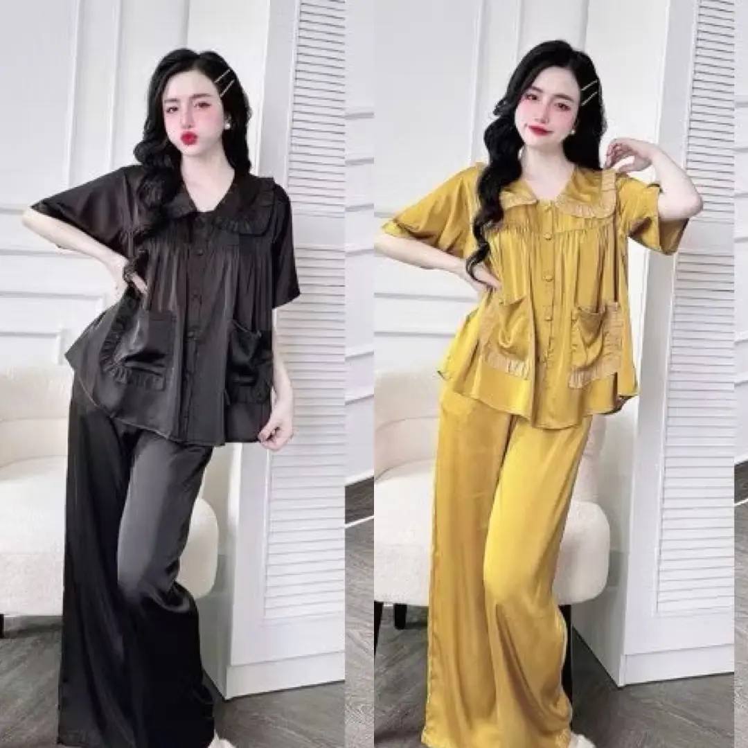 Set Bộ Babydoll TDQD Lụa Tơ Tằm Nút Bọc Phối Viền Voan Tơ Dành Cho Nữ Freesize 45-70kg