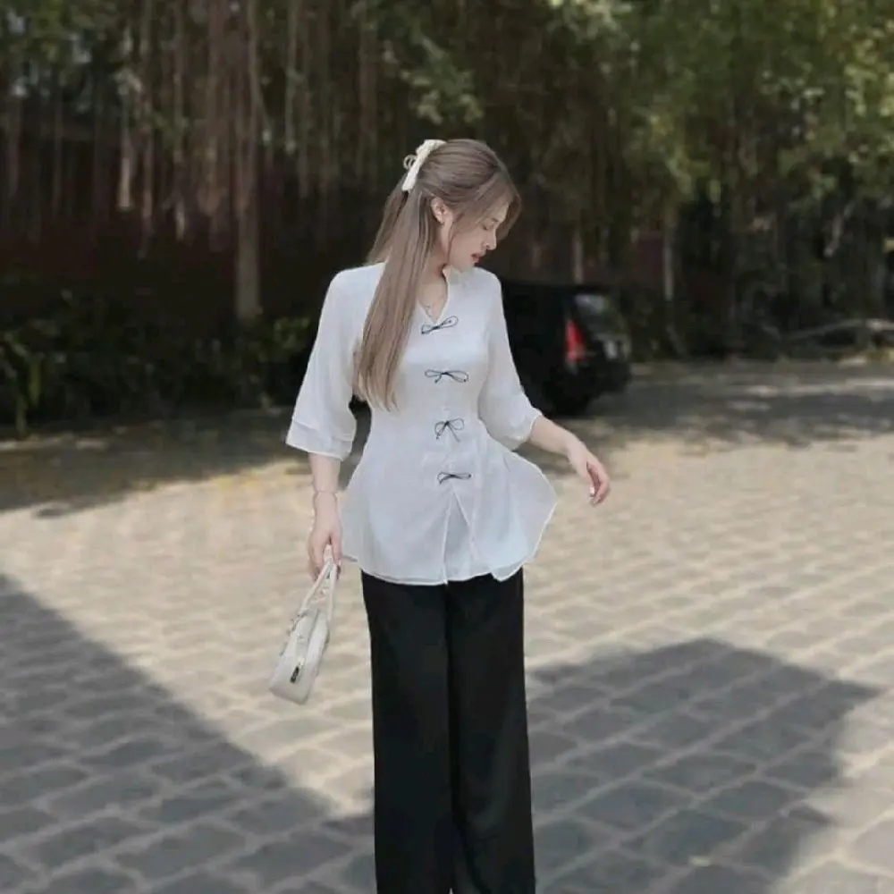 Sét bộ lam đi chùa vải phối màu, 2 dây buộc eo,4 màu y hình, vải tuyết nhung mềm mịn,  Kem WomenNữ Áo ht15