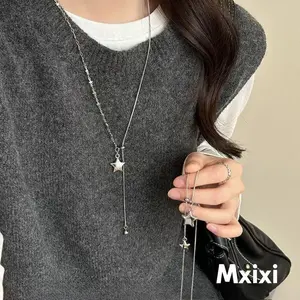 [Mxixi] Kalung wanita rantai panjang bintang dapat diatur ukuran warna perak desain unik cocok dengan berbagai pakaian Q369