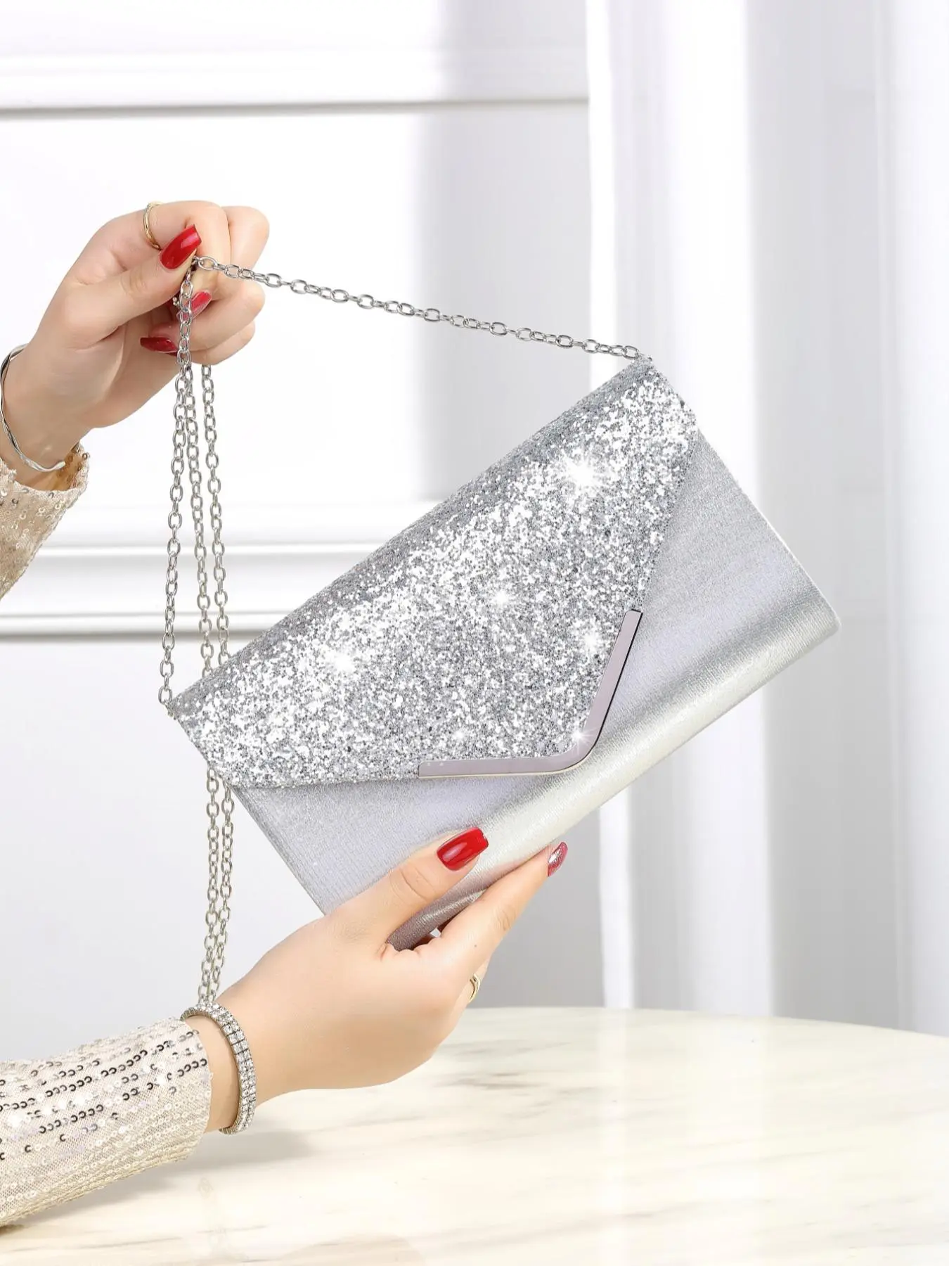 Women's Elegant Glitter Evening Bag, Exquisite Trendy Chain Strap Clutch Bag, Fashionable Bag for Party Decoration