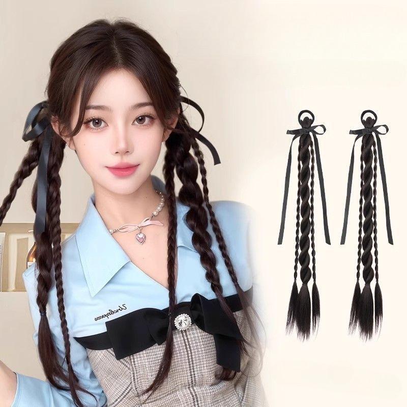 Băng Đô Tóc Giả Bện Xoắn Ruy Băng Lụa Giả, Tự Nhiên, Kiểu Ngọt Ngào Và Ngầu, Tóc Đuôi Ngựa Bện Xoắn Gia Vị Dây Buộc Tóc Buộc Tóc, Phụ Kiện Tóc, Mảnh