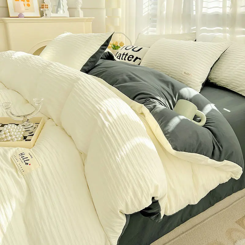 2025ins Light Luxury Seersucker Four-Piece Set Washed Cotton Korean Style Double-Piece Bed Sheet Quilt Cover 1.2 Bed Student Minimalist Three-Piece Set