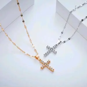 (KL30) KALUNG TITANIUM WANITA PECAH KOPI LIONTIN SALIB KOTAK FULL PERMATA ZIRCON TERBARU ANTI KARAT-CJR TITANIUM