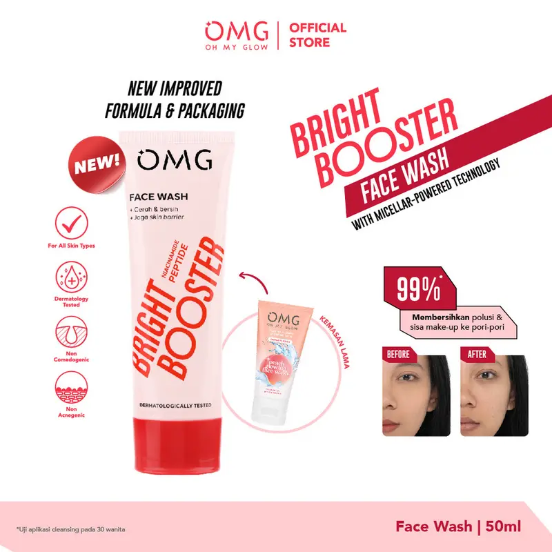 OMG Oh My Glow Bright Booster Face Wash 50ml & 100ml - Untuk Semua Jenis Kulit - Membersihkan Hingga ke Pori Tanpa Membuat Kulit Kering, Mencerahkan, Menjaga Skin Barrier - Micellar Powered Technology - Mengandung Niacinamide + Peptide 0