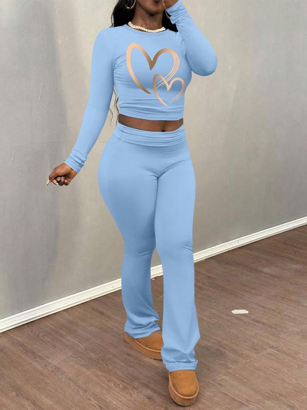 Women's Heart Print Long Sleeve Crop Tee & Flare Leg Pants Two-piece Set, Casual Fashion Round Neck Top & Bell Bottom Trousers for Daily Outdoor Wear, Women's Clothing for Fall & Winter 0