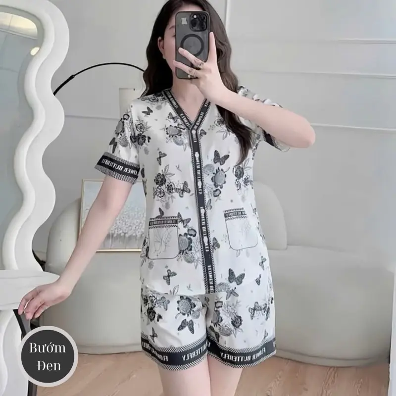Pijama cổ chữ Y hoạ tiết bướm đen túi giả lụa latin mềm mại 0