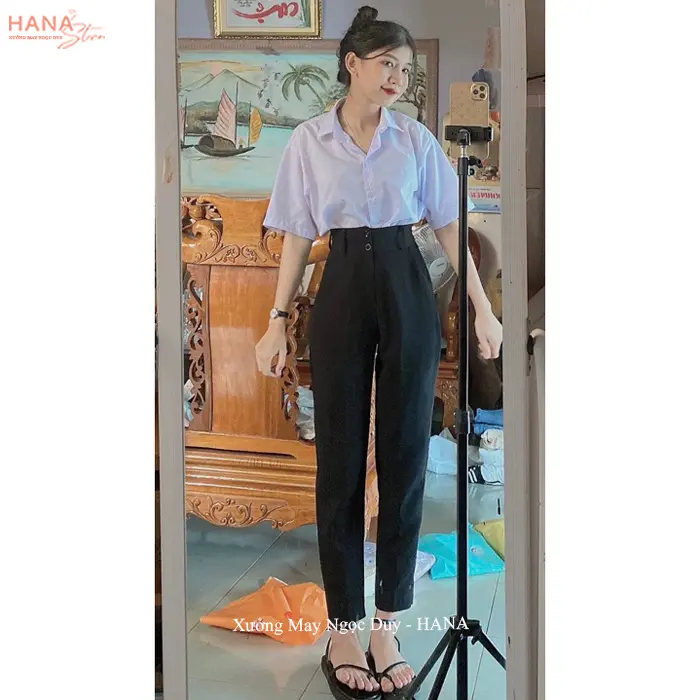 Quần tây nữ đi học 1 nút 2 nút lưng cao màu Đen Xanh Đen chất vải dày dặn đáy cao mặc thoải mái 2