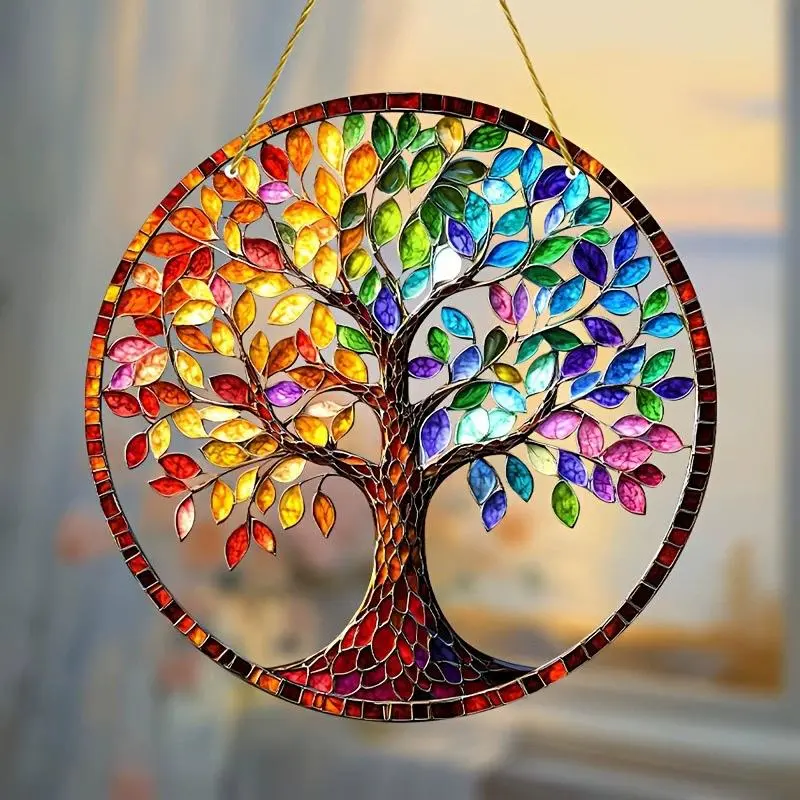 Colorful Tree Of Life Design Sun Catcher, Double Sided Decorative Pendant with Chain, Hanging Decor for Home Living Room Bedroom, Hangable 6