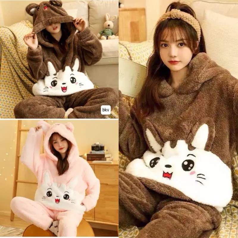 Bộ ngủ lông cừu thêu mèo dễ thương, Sét pyjama lông mũ tai gấu chất dày dặn ấm áp màu hồng nâu form rộng unisex hàn quốc, EYE 2T