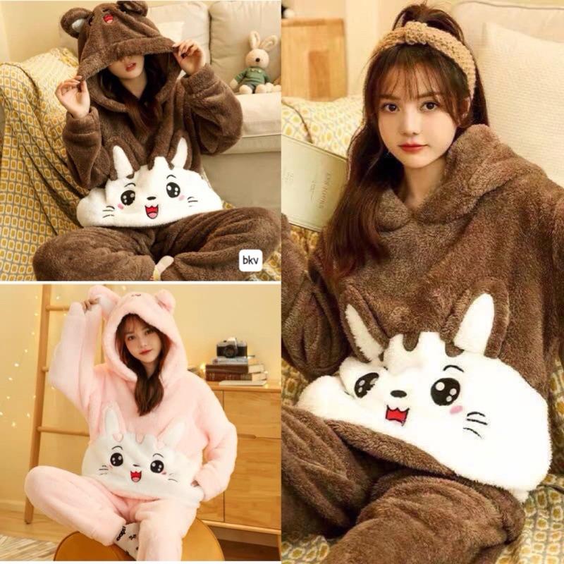 Bộ ngủ lông cừu thêu mèo dễ thương, Sét pyjama lông mũ tai gấu chất dày dặn ấm áp màu hồng nâu form rộng unisex hàn quốc, EYE 2T 0