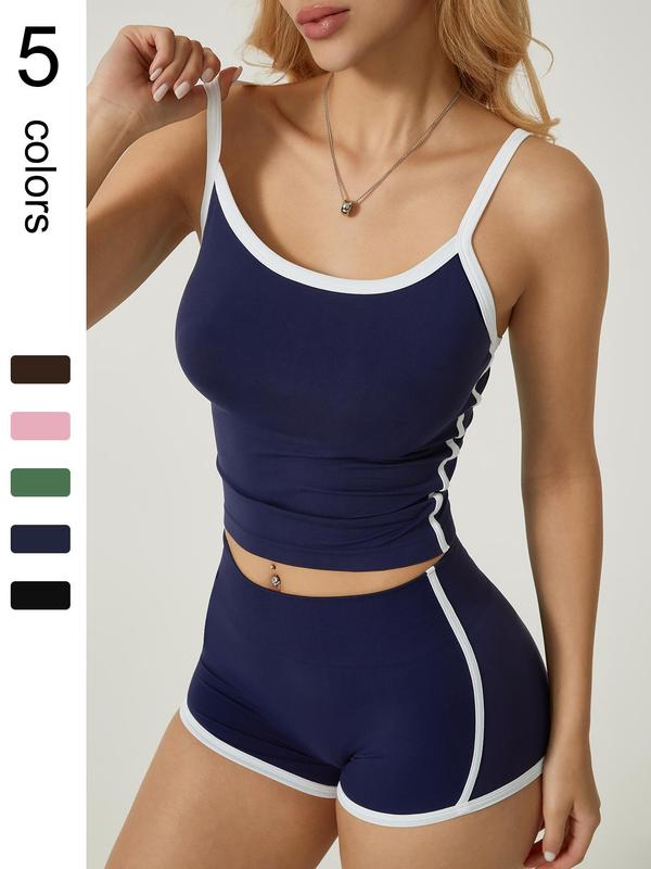 Women's Contrast Binding Cami Top & High Waist Shorts Loungewear Two-piece Set, Casual Comfy Cami Top & Shorts Pj Set, Ladies Summer Sleepwear 0